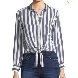 Blue and White Rails Tie Front Blouse- S